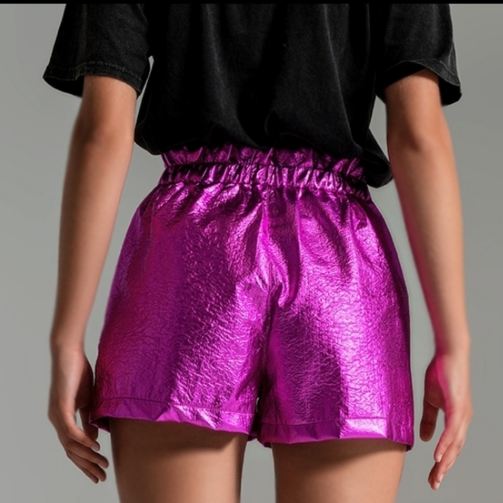 NWT Q2 STASHA HIGH RISE PAPERBAG WAIST METALLIC SHORTS, FUCHSIA, VARIOUS SIZES - Picture 8 of 8